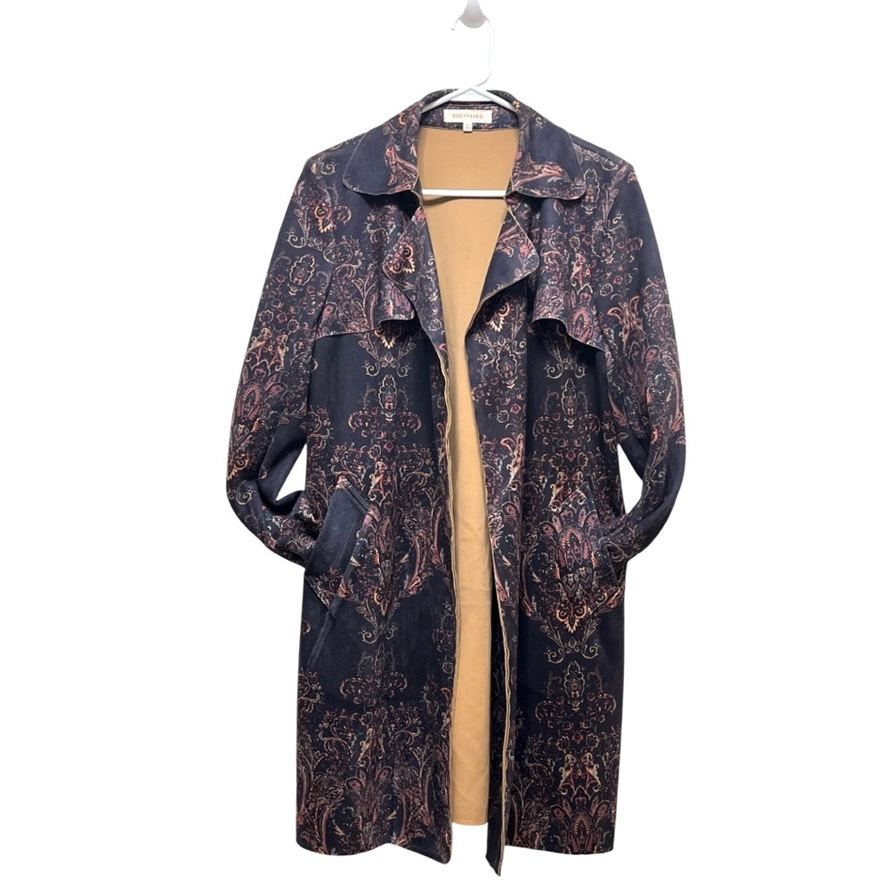 Solitaire  Anthropologie Dark blue Paisley Trench Coat Open Front Size S
